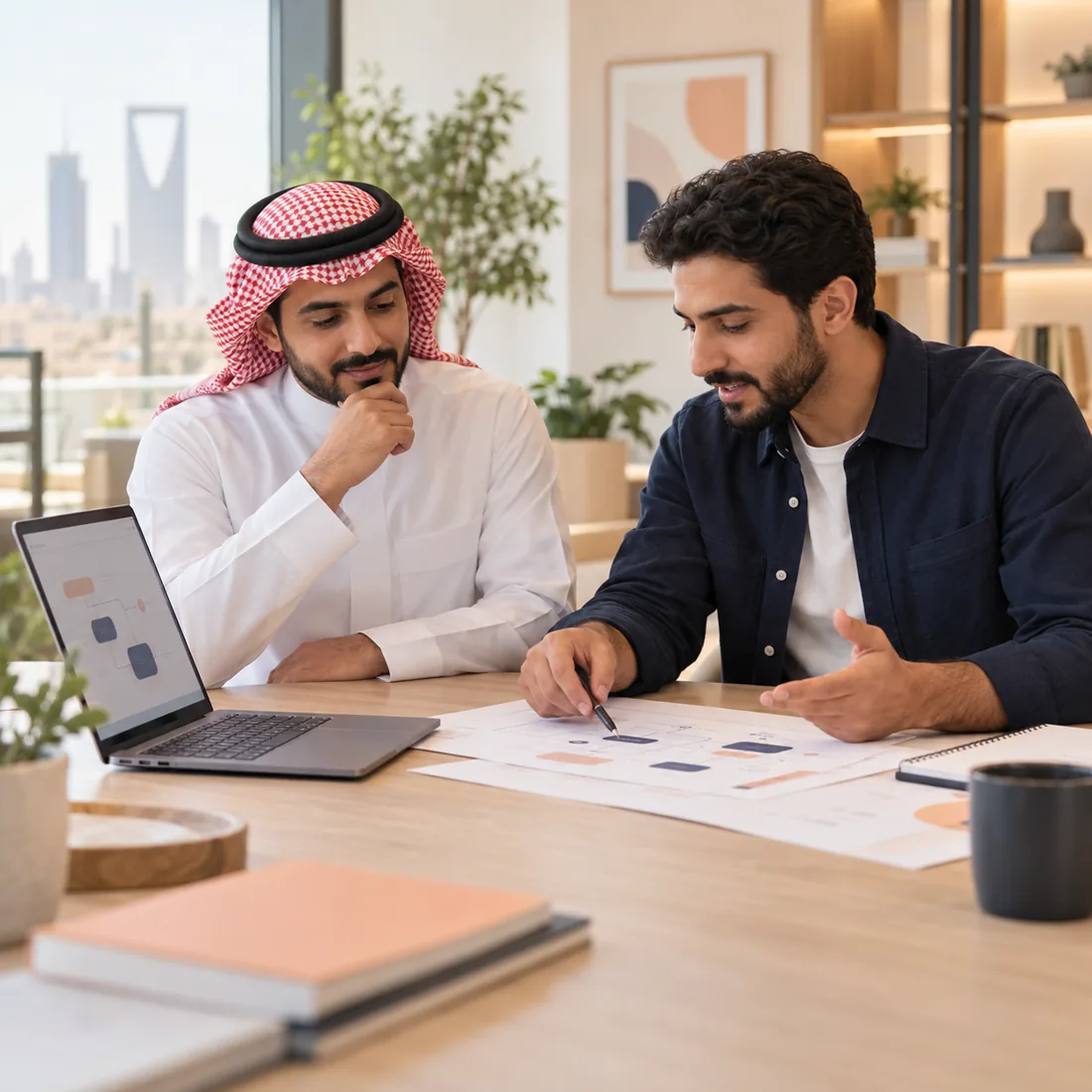مشهد توضيحي لصاحب شركة ومستشار تقني يراجعان خطة لتطوير العمل والأتمتة